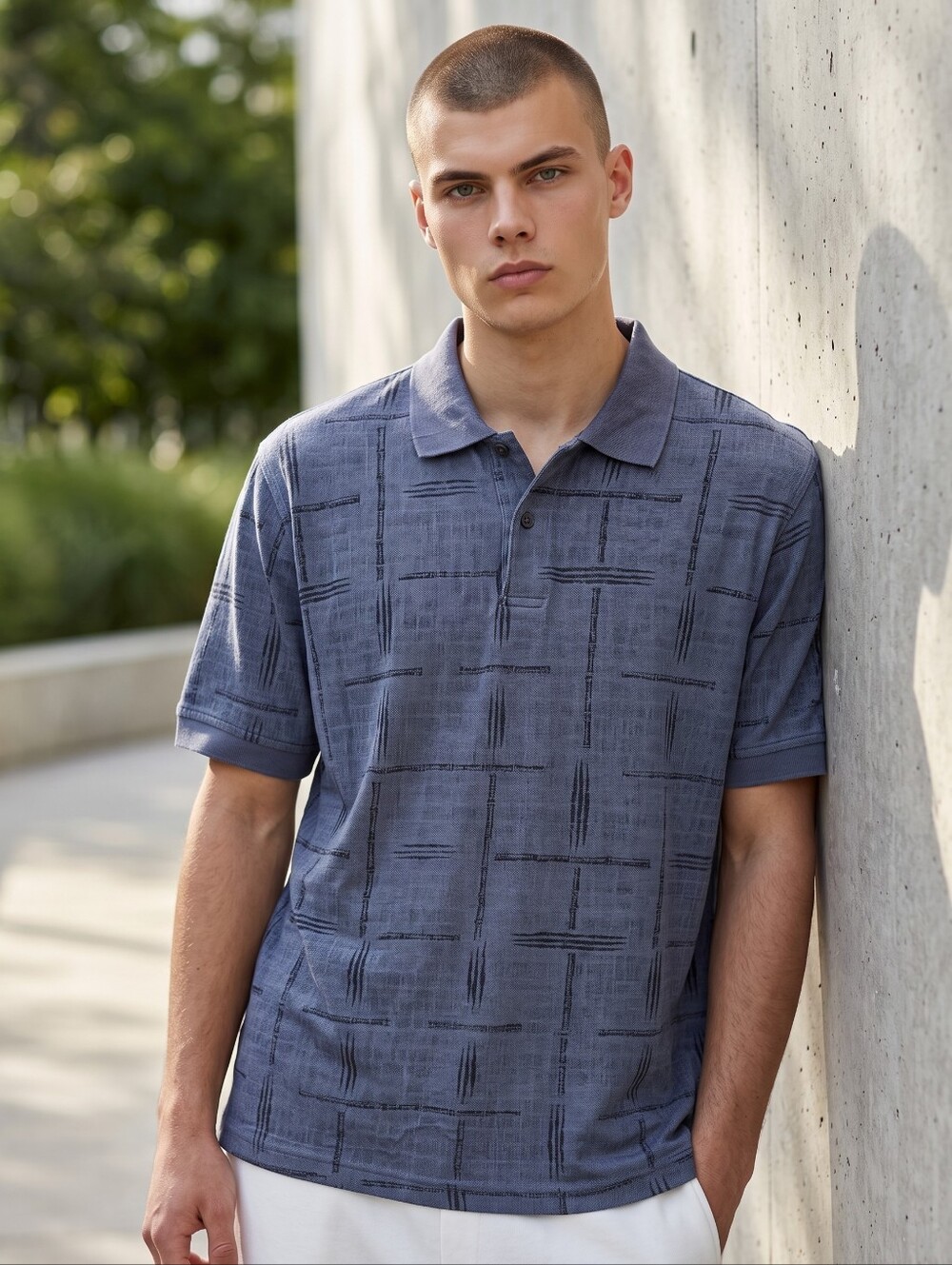 Izod Grayish Blue Short-Sleeve Polo with Subtle Grid Texture